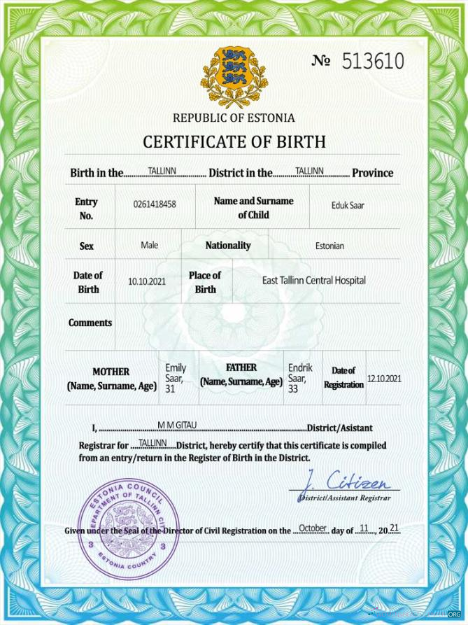 Download Estonia vital record birth certificate PSD template Photoshop template